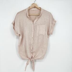 Scandal Italy 100% Linen Button Top Womens M Blush Pink Tie Front Short Sleeve